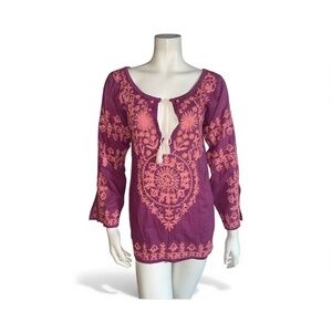Melissa Odabash Embroidered Kaftan Long Sleeve Tunic Purple Eggplant Size S